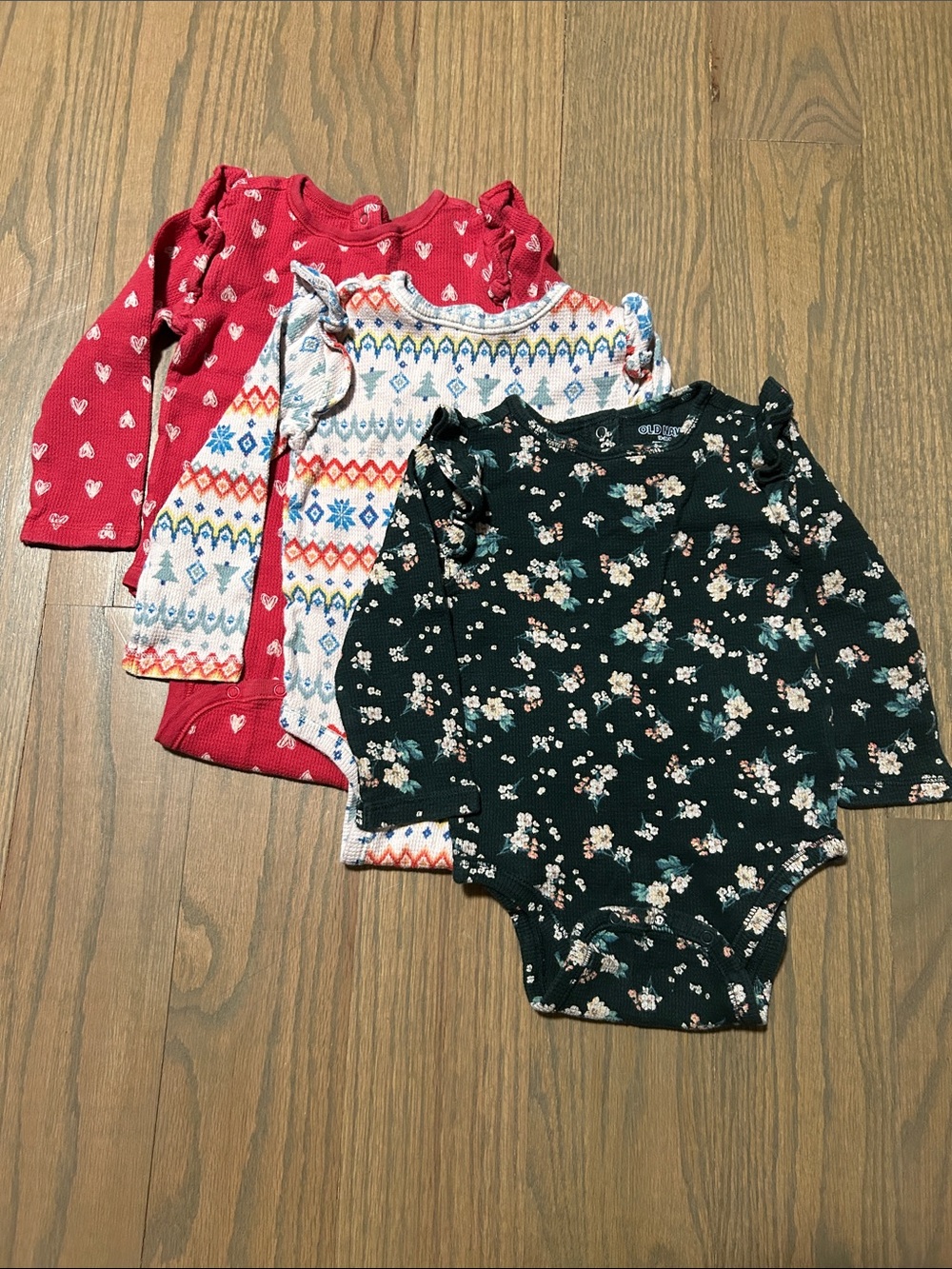 Old Navy Long-Sleeve Thermal-Knit Baby Bodysuit- set of 3 - floral, hearts